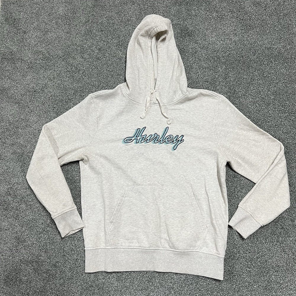 Hurley Pullover Hoodie Men Medium Cream Embroidered Logo Fleece Sweatshirt